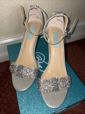 Betsey Johnson Silver Crystal-Ankle Strap Heels